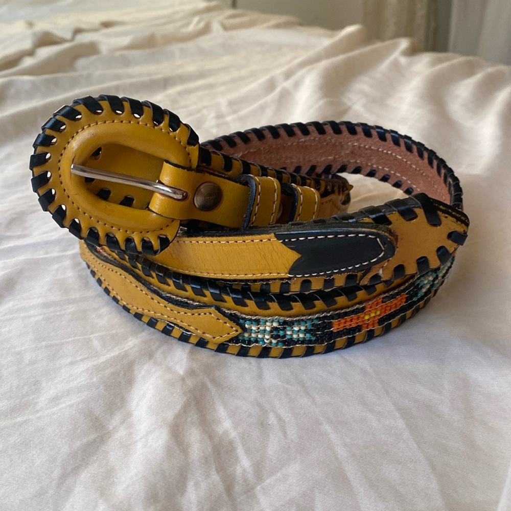 Vintage V Enterprises Western Aztec beaded leather belt yellow black